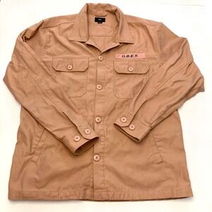OBEY Jacket Shirt Mens Large Dusty‎ Pink Logo Button Up Shacket Cotton Poly